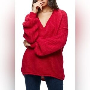 Free People All Mine oversized v-neck alpaca blend sweater raspberry pink